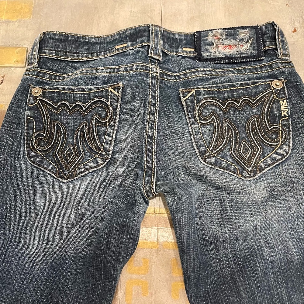 MEK Ultra Low Rise Bootcut Distressed Jeans  25” waist 34” length